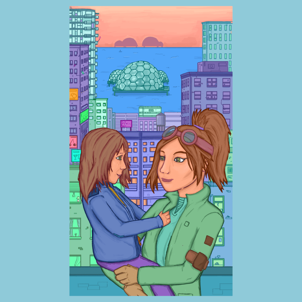 Artwork of Grace and Mei on a rooftop from Genus: Latrodectus by Breakfastmunkii